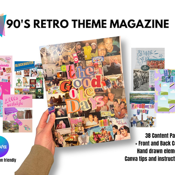 Plantilla Canva para revista de cumpleaños retro de los años 90 y 2000, versión gratuita, ideal para amigos de la infancia y de toda la vida.