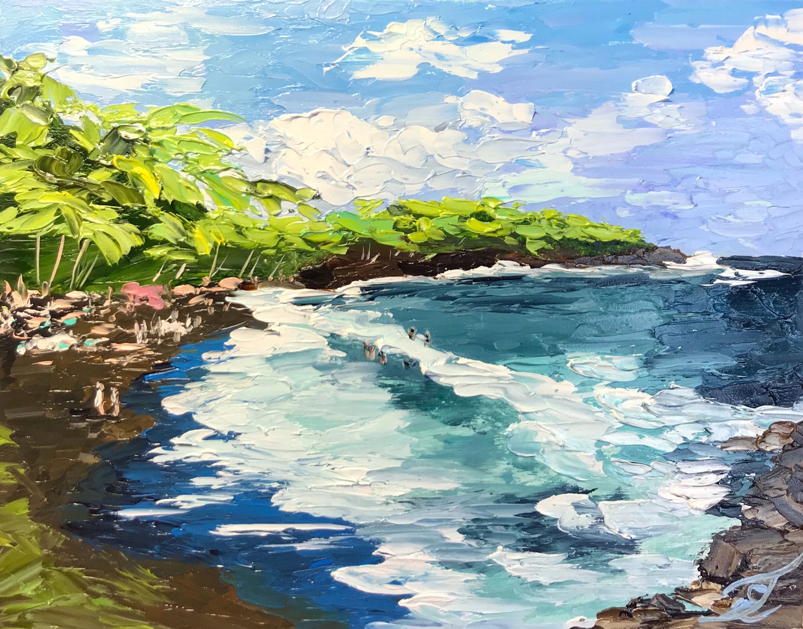 Hawaii Painting Seascape Original Art Black Sand Beach Wall Etsy