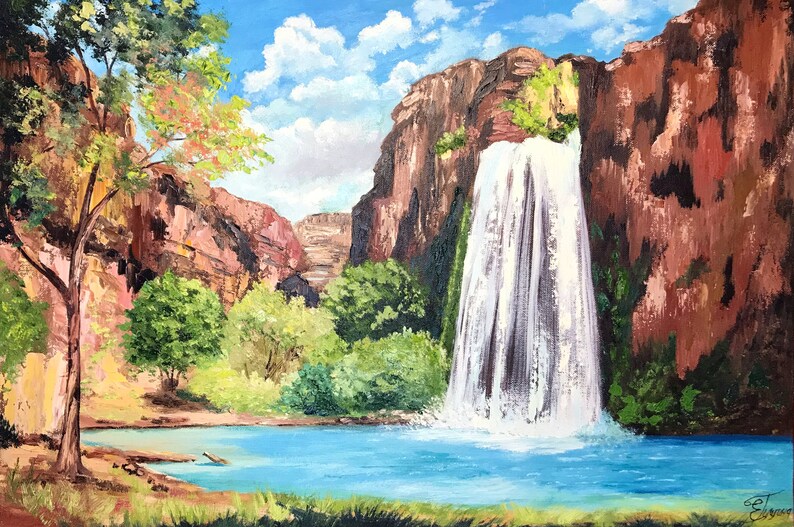 Havasu Falls Oil Painting Arizona Original Art Waterfall Etsy