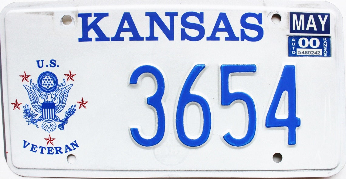 2000 Kansas Veteran license plate 3654 Etsy