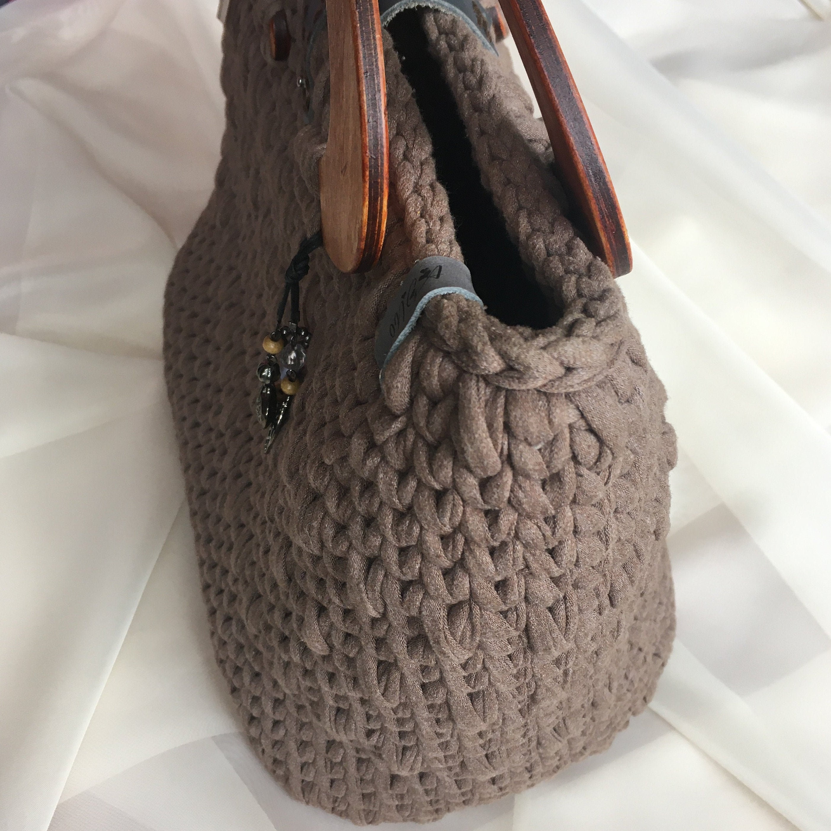 Bag made of knitted yarn with leather fittingsHandmade Etsy