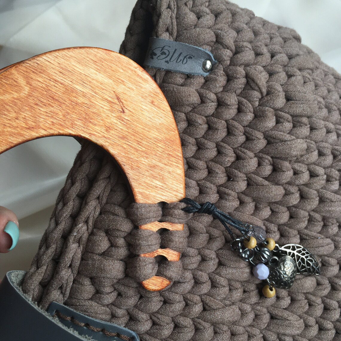 Bag made of knitted yarn with leather fittingsHandmade Etsy