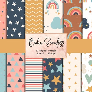 May include: A set of 12 digital seamless patterns in a boho style. The patterns feature rainbows, stars, dots, triangles, and stripes in a variety of colors, including pink, blue, yellow, and brown. The patterns are 13x13 inches and 300dpi.