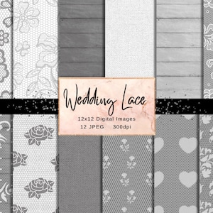 Puede incluir: Doce imágenes digitales de patrones de encaje blanco sobre un fondo gris. Las imágenes son de 12x12 pulgadas y 300dpi. El texto "Wedding Lace" está en el centro de la imagen.
