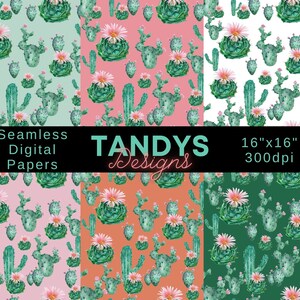 Watercolor Cactus Digital Paper Set for Scrapbooking - Commercial Use - Instant Download - High Quality 300 DPI - Seamless Designs