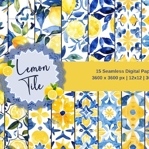 May include: 15 digital papers featuring seamless patterns of blue and yellow watercolor lemons and tile designs. The papers are 3600 x 3600 pixels and 300 dpi.