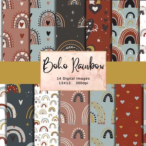 Puede incluir: Un conjunto de 14 patrones de papel digital con arcoíris coloridos con varios diseños, incluyendo corazones, estrellas y formas geométricas. Los patrones son de estilo boho y son perfectos para proyectos de manualidades.