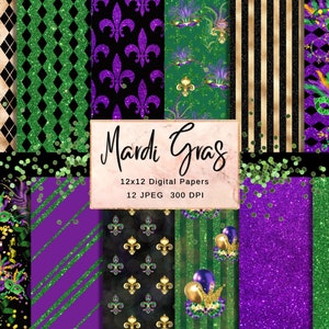 Op de afbeelding: Twaalf digitale papieren met Mardi Gras-thema's. De papieren bevatten groene, paarse en gouden glitterpatronen, fleur-de-lis, maskers en confetti. De papieren zijn 30,48 cm x 30,48 cm en 300 DPI.