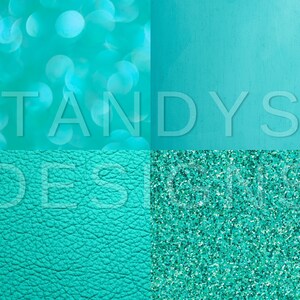 May include: A collage of four different turquoise textures: blurred bokeh lights, a solid surface, a leather-like material, and glitter.
