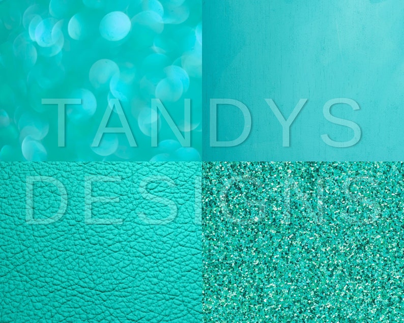 May include: A collage of four different turquoise textures: blurred bokeh lights, a solid surface, a leather-like material, and glitter.