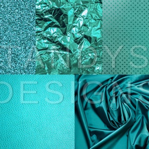 May include: A collage of four different teal coloured textures: glitter, crumpled foil, a pattern of stars, and a smooth, silky fabric.