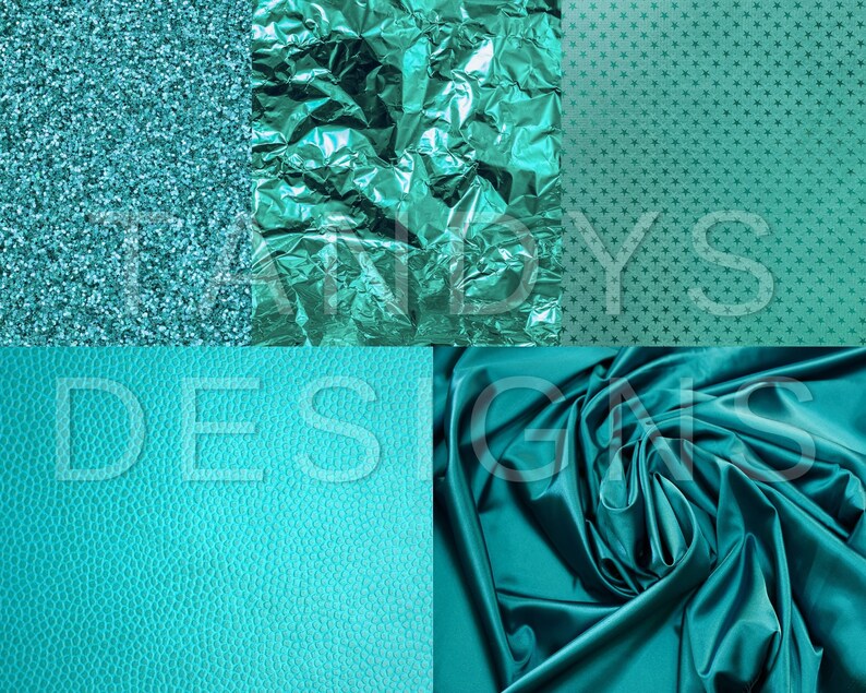 May include: A collage of four different teal coloured textures: glitter, crumpled foil, a pattern of stars, and a smooth, silky fabric.