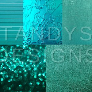 May include: A collage of six different teal coloured textures. The textures include wood, glass, fabric, and glitter. The word "TANDY'S DESIGNS" is visible in the centre of the image.