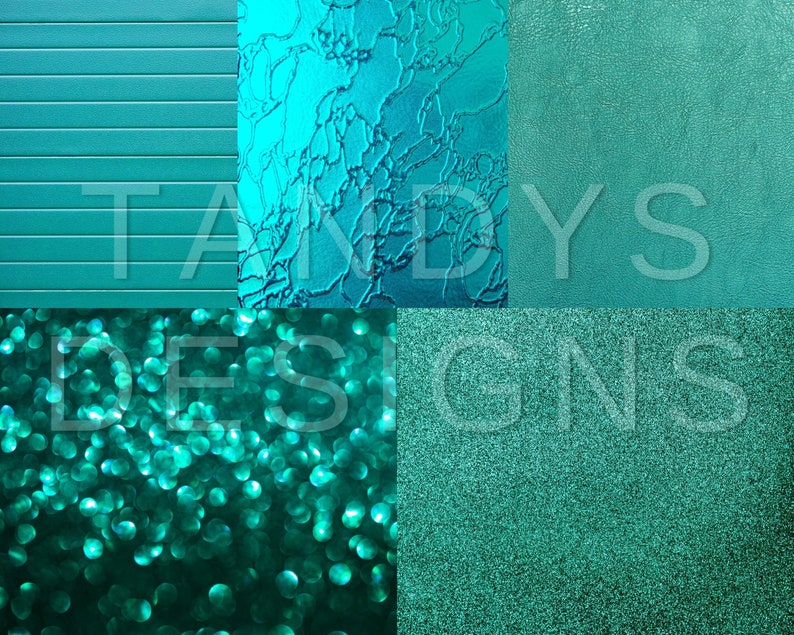 May include: A collage of six different teal coloured textures. The textures include wood, glass, fabric, and glitter. The word "TANDY'S DESIGNS" is visible in the centre of the image.