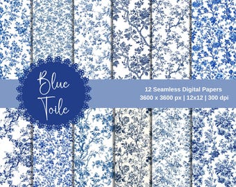 May include: Twelve digital papers featuring a blue and white toile pattern. The papers are 3600 x 3600 pixels, 12x12 inches, and 300 dpi.