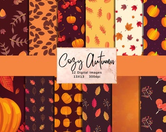 Könnte beinhalten: Zwölf digitale nahtlose Muster mit Herbstblättern, Kürbissen und Beeren in verschiedenen Farben, darunter Orange, Rot, Braun und Gelb. Die Muster sind in einem Raster angeordnet, in dessen Mitte der Text "Cozy Autumn" und "12 Digital Images 13x13 300dpi" steht.