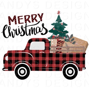 May include: Red and black checked pick-up truck with a Christmas tree and presents in the back. The truck has a white background and the text "Merry Christmas" is written above the truck.