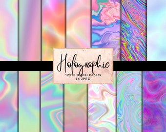 May include: A set of 12 digital papers featuring holographic iridescent designs in various shades of pink, blue, and green. The papers are 12x12 inches and are in JPEG format. The text "Holographic 12x12 Digital Papers 14 JPEG" is displayed on a marble background.