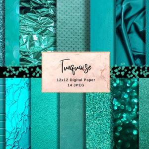 May include: A digital paper pack with 14 turquoise patterned designs. The patterns include glitter, foil, stars, leather, and more. The pack is 12x12 inches and includes 14 JPEG files.