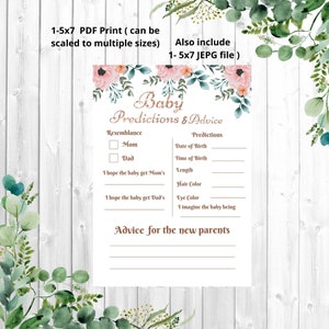 Prédiction et conseils pour bébé Jeu de baby shower/RoseGold Green Peach /Pink Girl Floral Shower Game/Fichier modifiable PDF imprimable/Virtual Zoom party