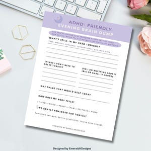 May include: An ADHD-friendly evening brain dump notepad with a lavender header and moon graphic. The notepad includes prompts for tasks, worries, and body feelings. The notepad is designed by EmeraldKDesigns.