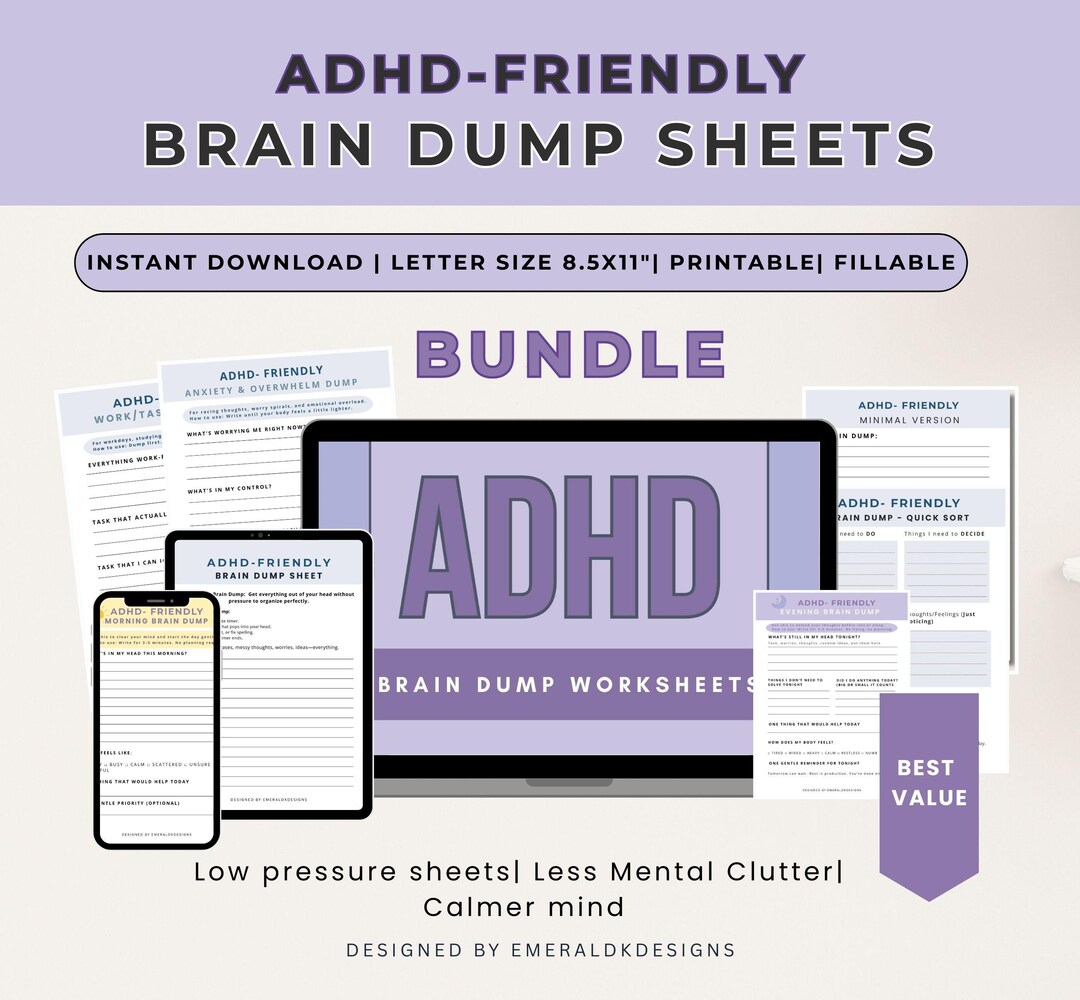 Bundle ADHD Brain Dump|printable Fillable Digital Planner|adult Student ...
