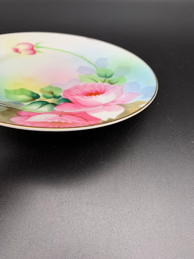 Vintage Noritake Porcelain Plate with Pink Roses and Gold Edging
