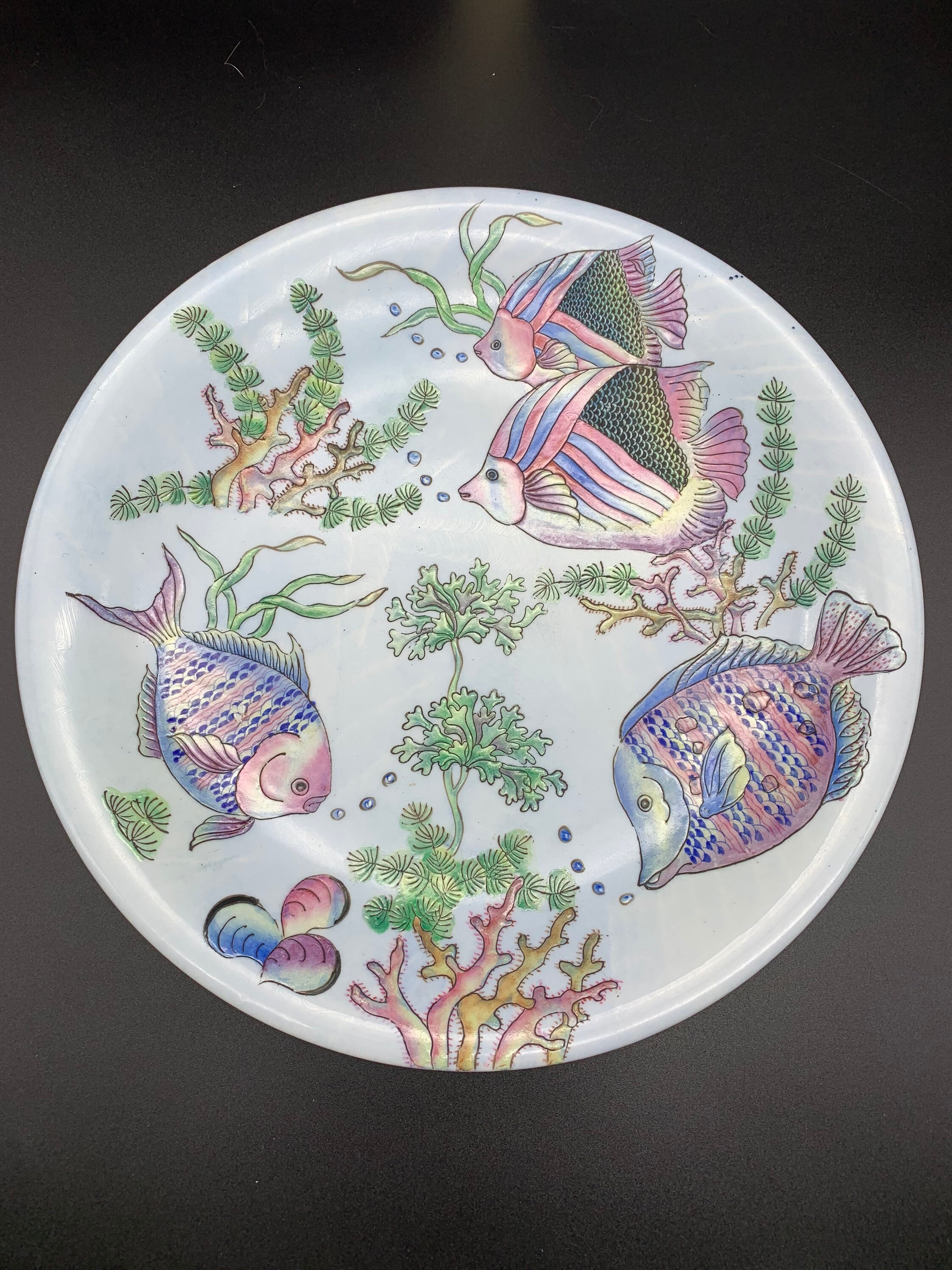Vintage Made in Macau Porcelain Plate With Raised Relief Fish and