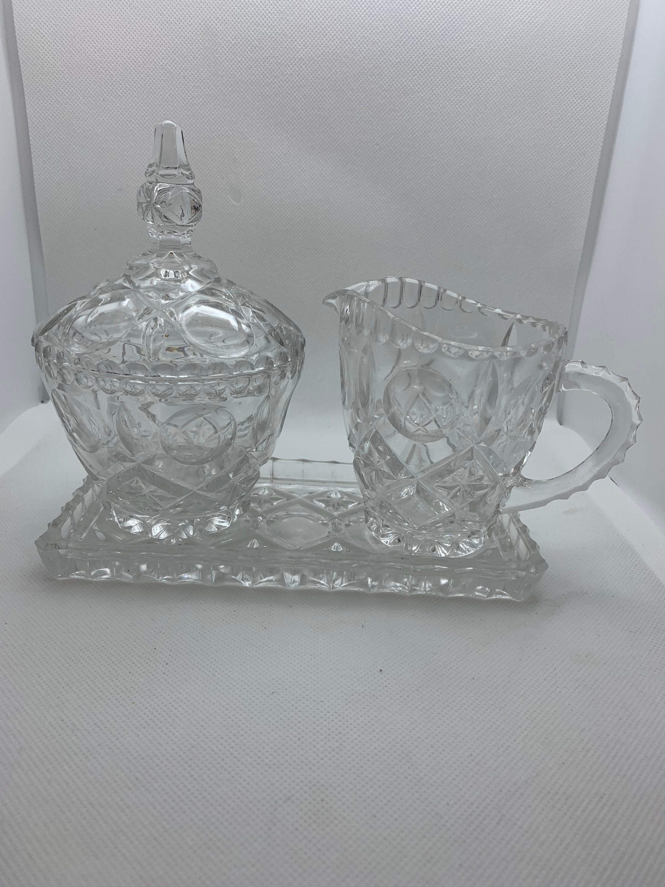 Crystal creamer and sugar bowl set with matching tray. Etsy