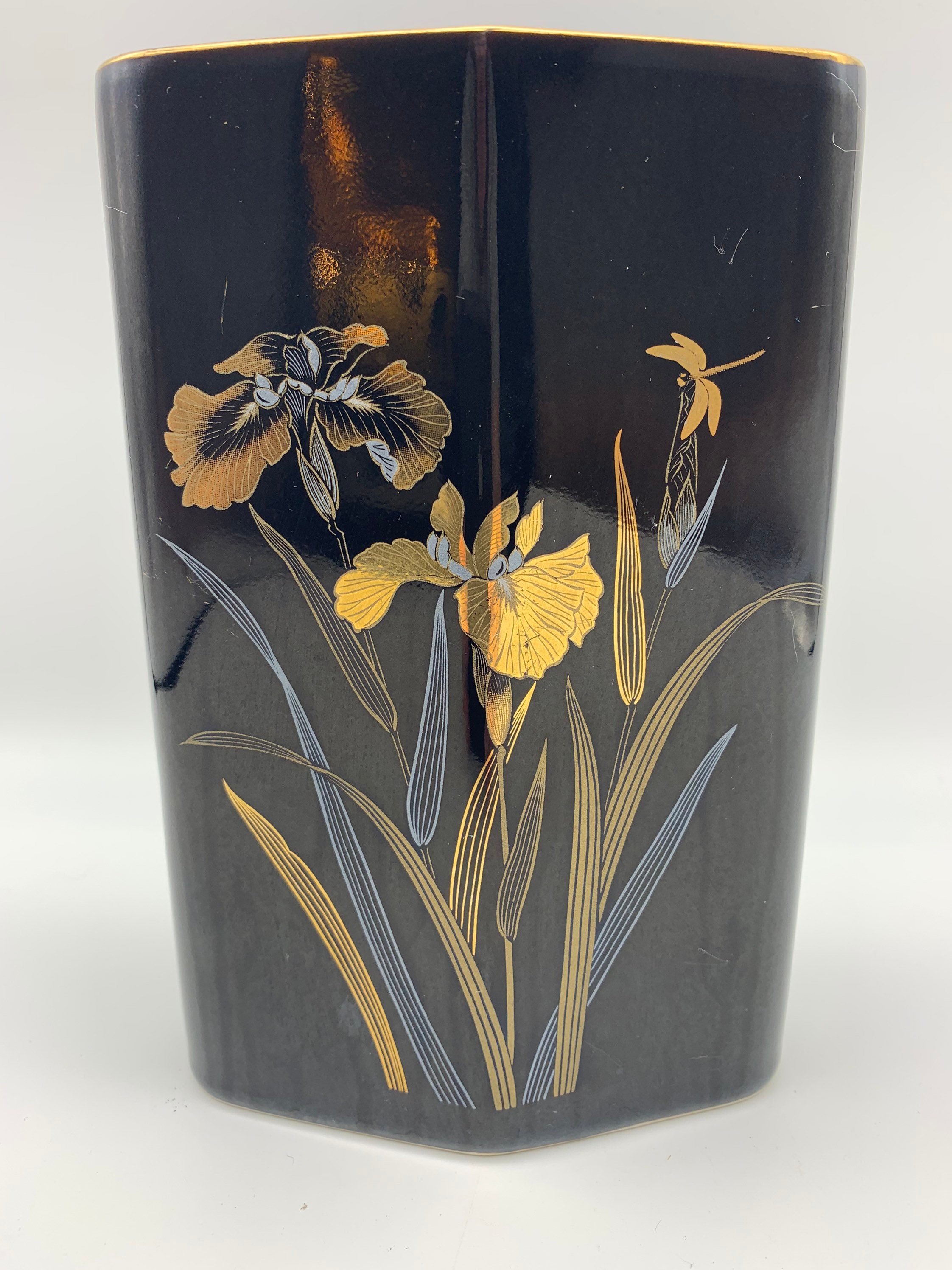 Jahrgang Yamaji Japan schwarze Vase mit Gold Iris und Libelle Etsy