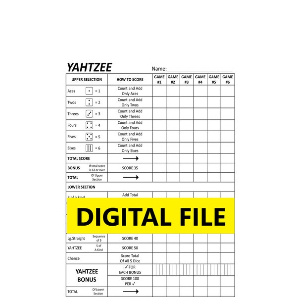 Yahtzee Score Sheets - digital file, 100 pages ready to print.