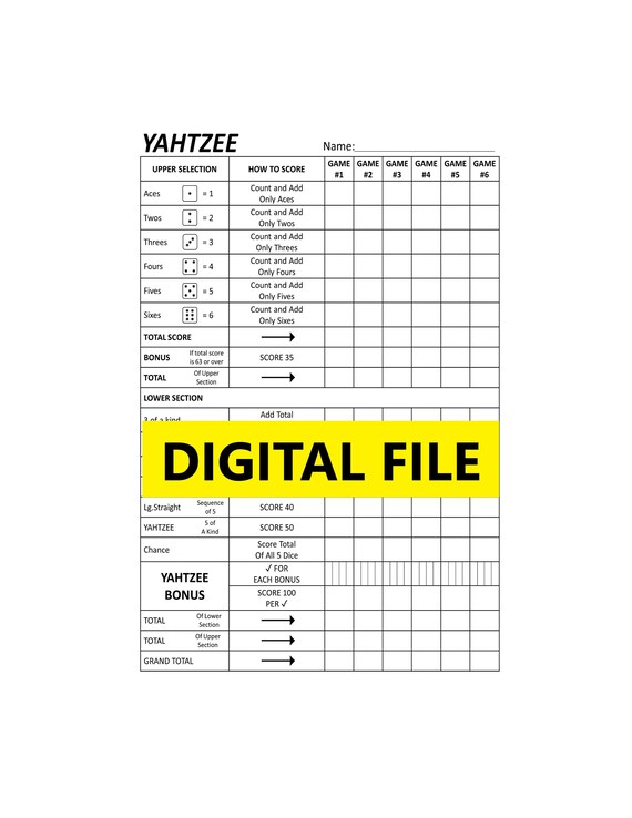 yahtzee score sheets digital file 100 pages ready to print etsy