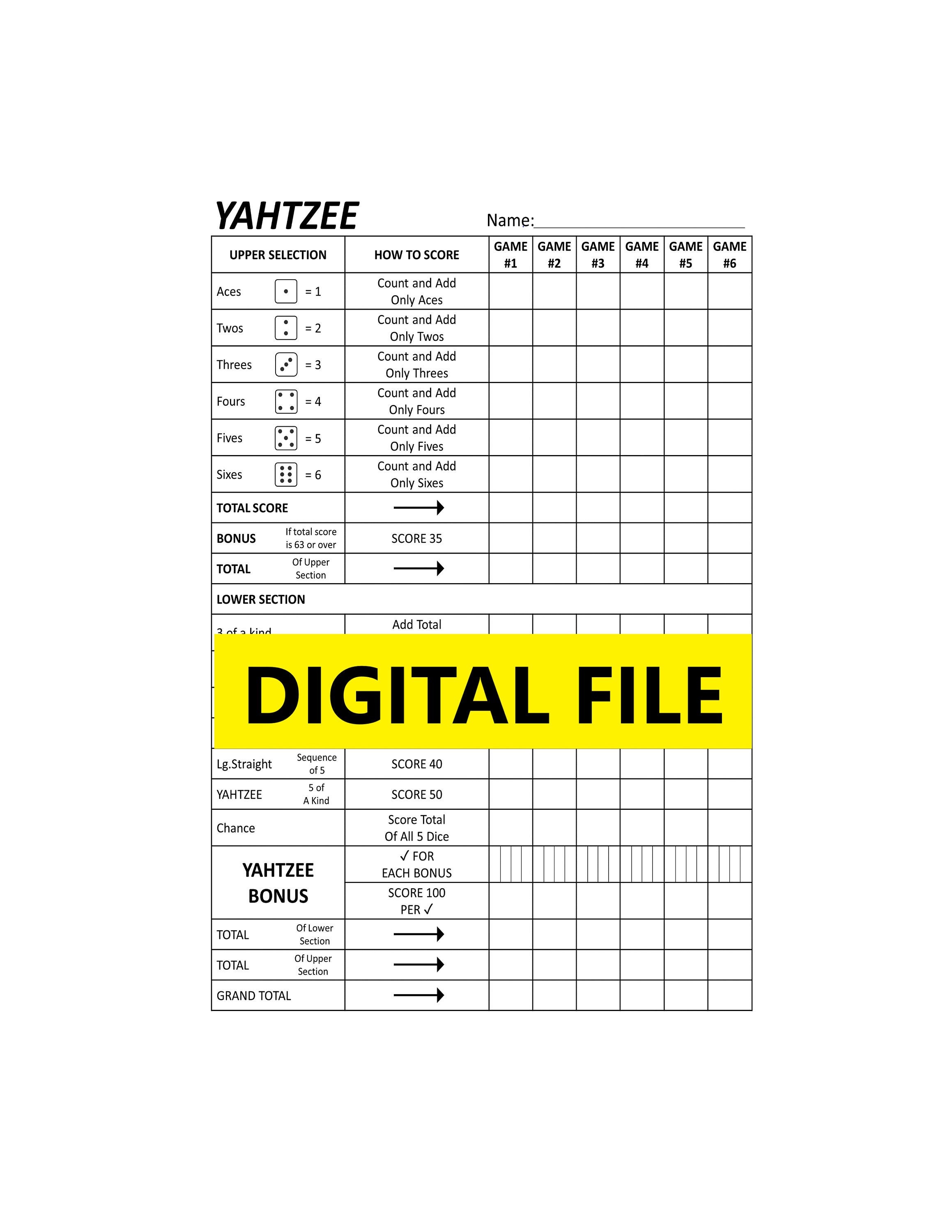 Yahtzee Score Sheets Digital File 100 Pages Ready to Print. - Etsy