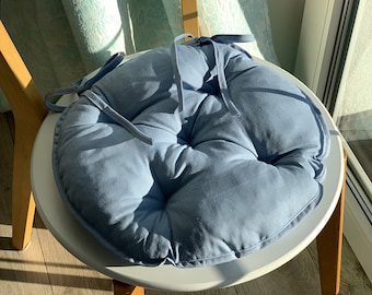 Cojín de silla redondo con lazos / cojín de silla azul con lazos / cojines de asiento de algodón / cojín de asiento de calicó / cojín para niños / cojín de silla natural / suave