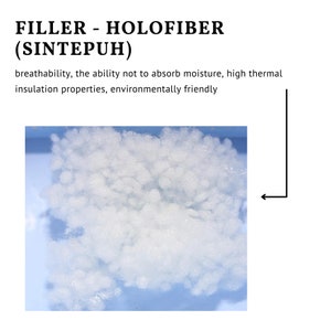May include: Close-up of white, fluffy, synthetic fibre filling.  FILLER - HOLOFIBER (SINTEPUH) is written above the image.  The text below the image reads: breathability, the ability not to absorb moisture, high thermal insulation properties, environmentally friendly.