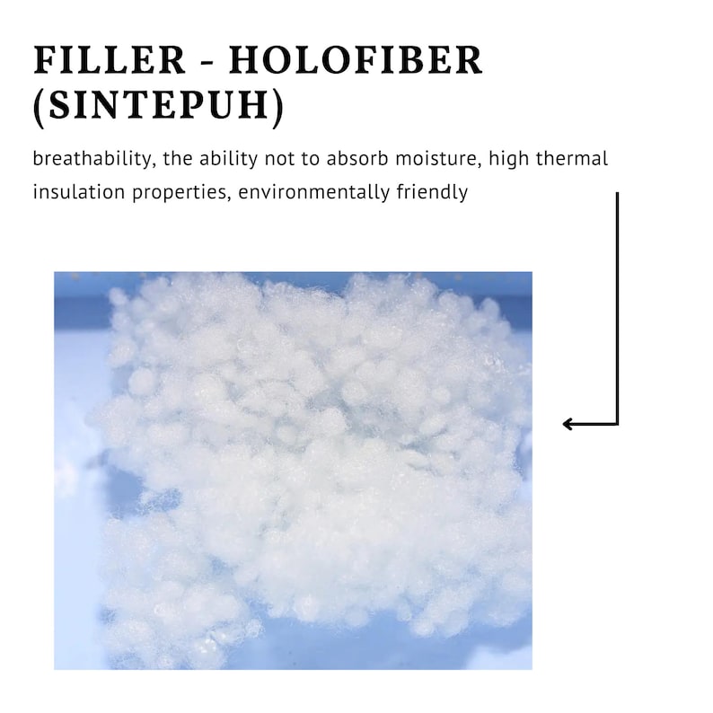 May include: Close-up of white, fluffy, synthetic fibre filling.  FILLER - HOLOFIBER (SINTEPUH) is written above the image.  The text below the image reads: breathability, the ability not to absorb moisture, high thermal insulation properties, environmentally friendly.