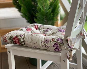 Quilted chair cushions / Seat cushions with flowers / Chair pads with ties/ Square chair cushion /Outdoor chair cushion/ cushion with ties