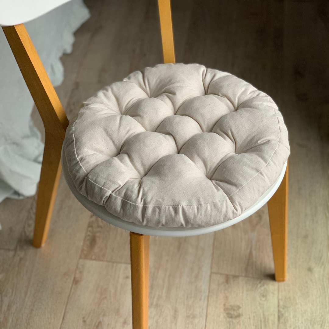 Linen Chair Cushions/ Quilted Seat Cushions/ Round Cushions/ White ...