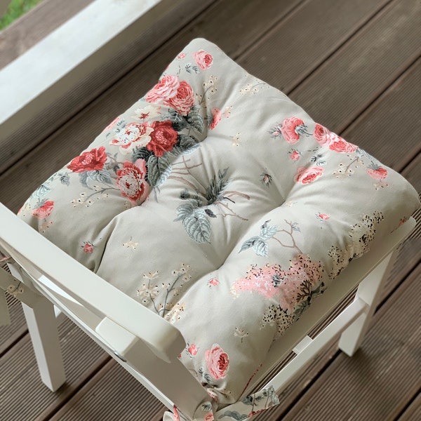 Quilted Chair Cushions / Seat Cushion with flowers / Chair Cushions with ties / Square Chair Cushions / Outdoor Chair Cushions