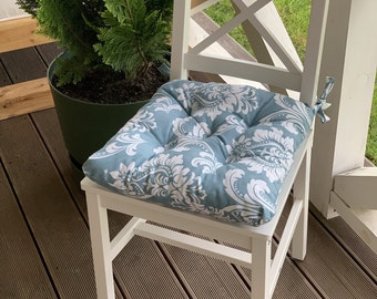 Quilted chair cushions / Seat cushions with monograms / Chair pads with ties/ Square chair cushion /Outdoor chair cushion/ Blue cushions