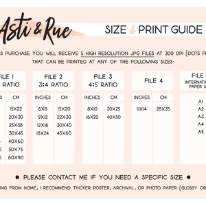 Pu&ograve; includere: Una guida stampabile rosa e bianca per download digitali con una guida alle dimensioni e alla stampa per cinque diverse dimensioni di file. La guida include misure in pollici e centimetri per ogni dimensione di file. La guida include anche formati di carta internazionali.