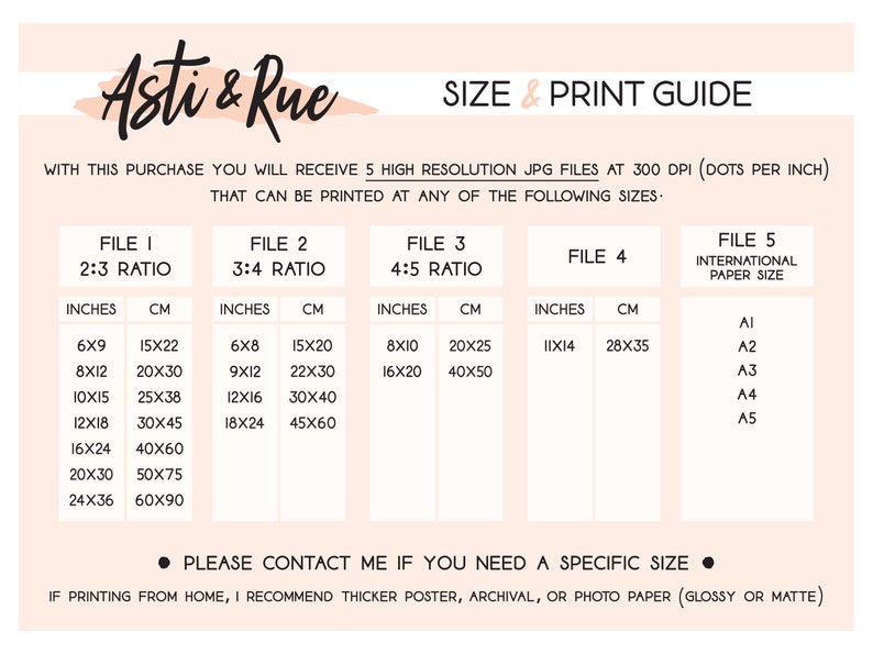 Pu&ograve; includere: Una guida stampabile rosa e bianca per download digitali con una guida alle dimensioni e alla stampa per cinque diverse dimensioni di file. La guida include misure in pollici e centimetri per ogni dimensione di file. La guida include anche formati di carta internazionali.