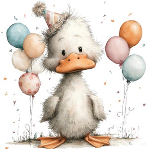 Op de afbeelding: Een illustratie van een witte eend met een feesthoed en ballonnen. De eend heeft een oranje snavel en poten, met een pluizig wit lichaam. Pastelkleurige ballonnen en confetti dragen bij aan het feestelijke thema.