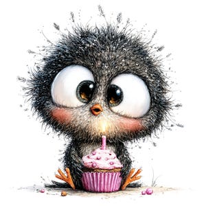 Puede incluir: Ilustración caprichosa de un pájaro de dibujos animados con ojos grandes y expresivos y plumas grises y esponjosas. El pájaro sostiene una magdalena rosa con una vela encendida. El fondo es blanco, resaltando los detalles coloridos de la obra.