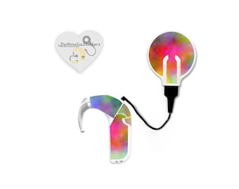 May include: A colorful, watercolor-style sticker of a light bulb with a cord attached to a hearing aid. The sticker is designed to be placed on a hearing aid. The sticker is available in a variety of colors. "DeAmelia Stickers" is written on a heart-shaped sticker in the top left corner of the image.