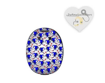 May include: A round sticker with a white background and a repeating pattern of blue Sonic the Hedgehog characters running. The sticker is designed for a wireless earbud case.