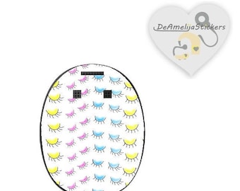 May include: A white oval sticker with a repeating pattern of colorful eyelashes. The sticker has a black outline and is perfect for adding a touch of whimsy to any surface.