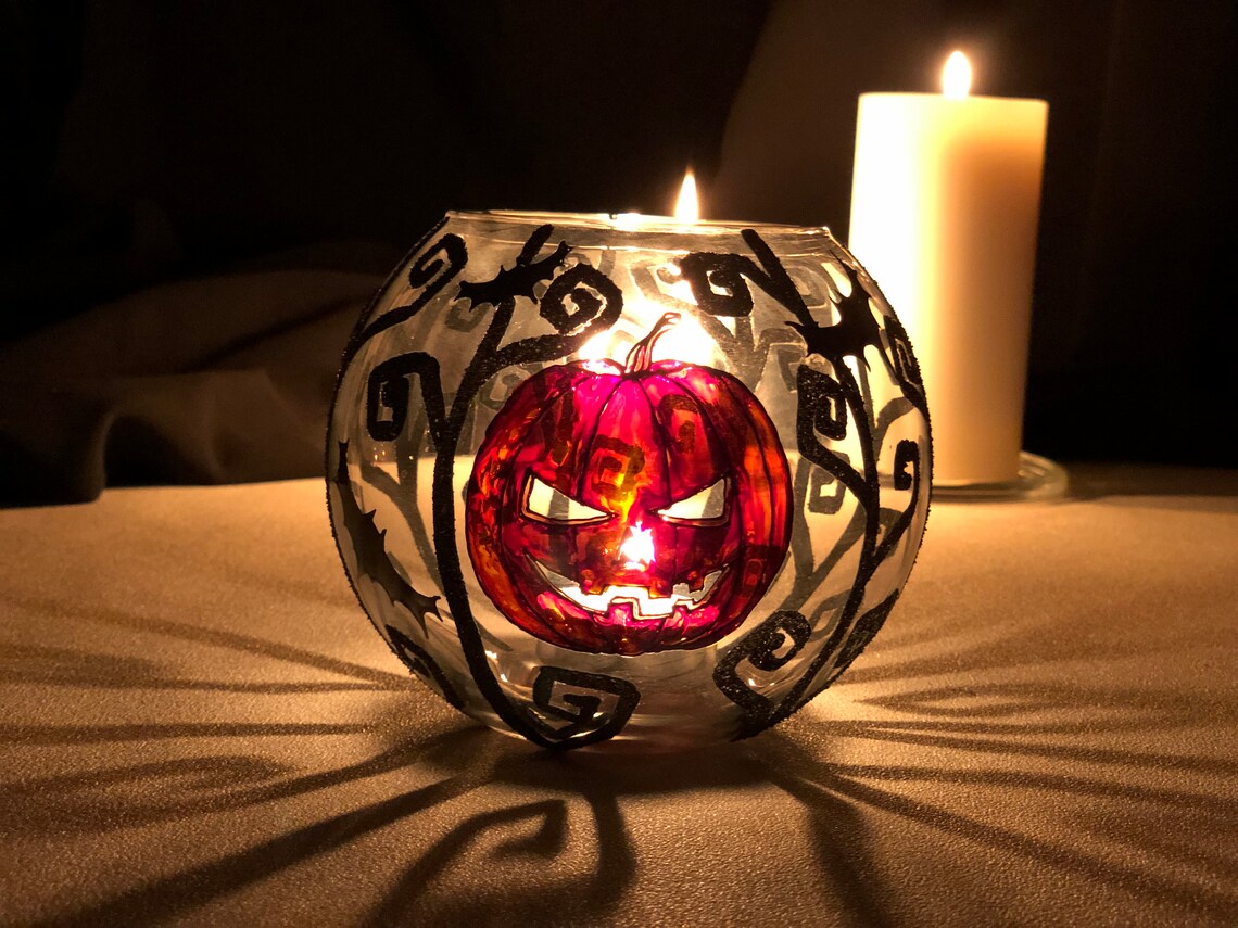 Halloween spooky pumpkin candle holder Hand painted Tea light Etsy