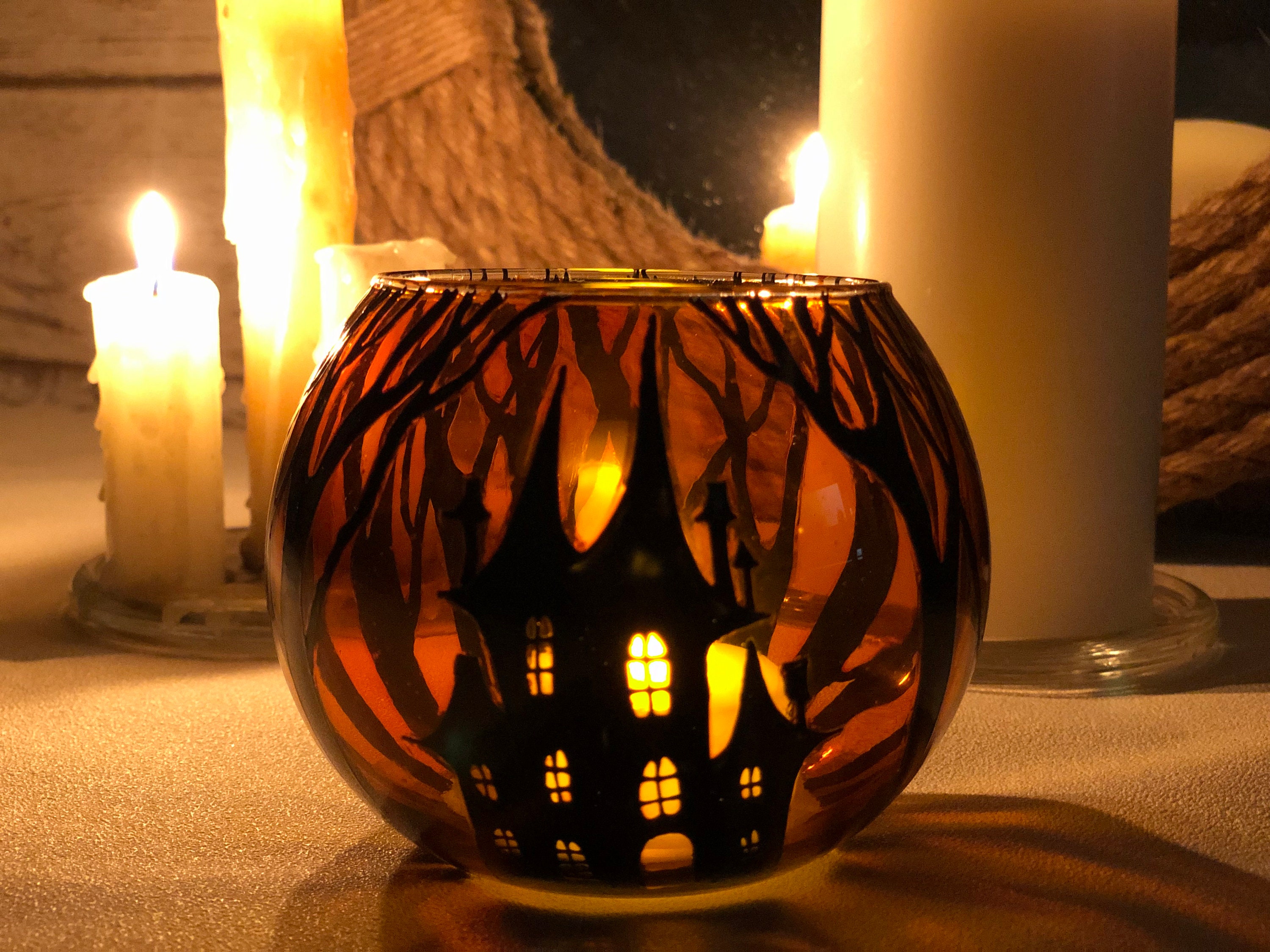 Halloween candle holder Hand painted Tea light glass candle  Etsy