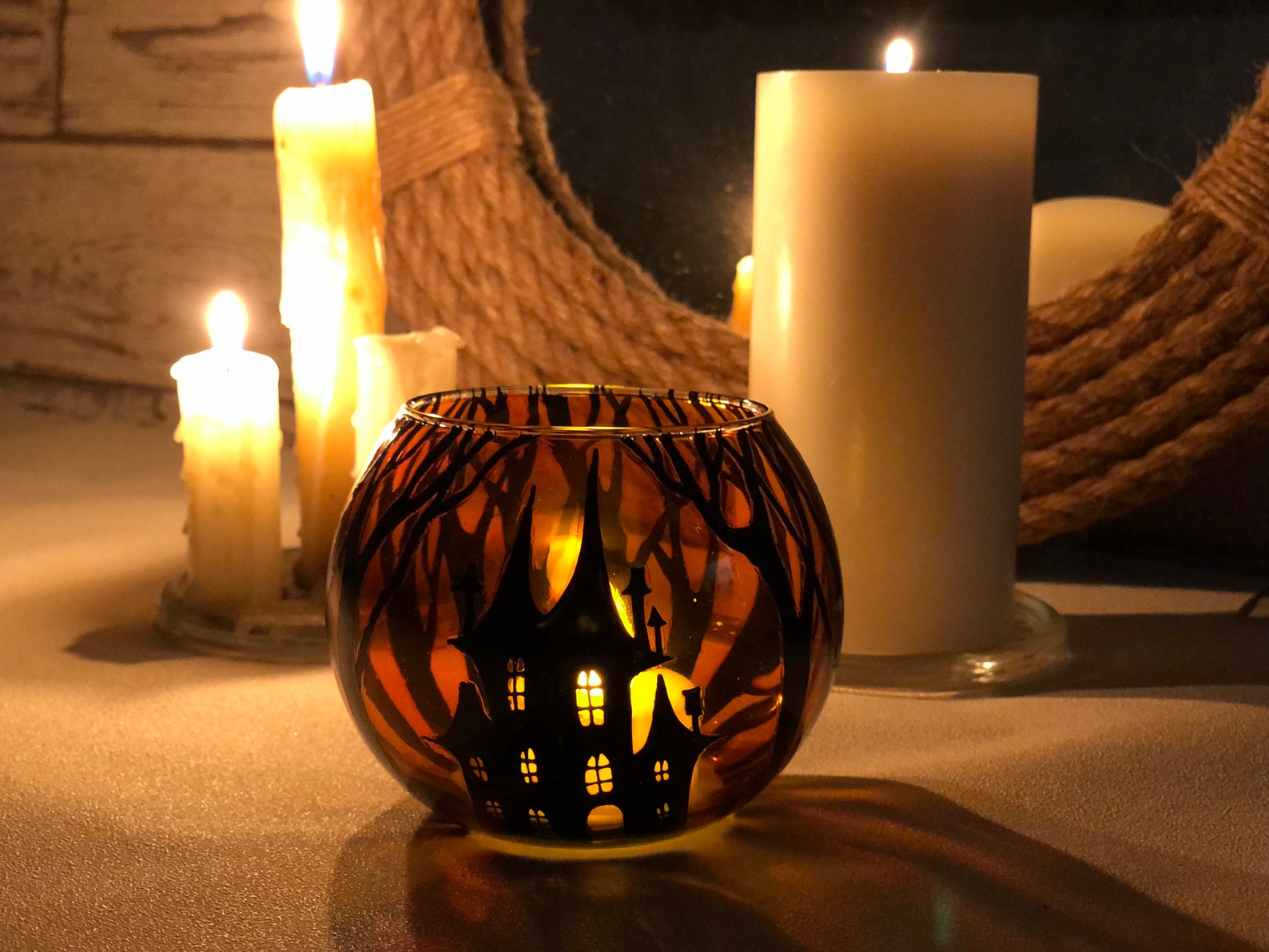 Halloween candle holder Hand painted Tea light glass candle Etsy